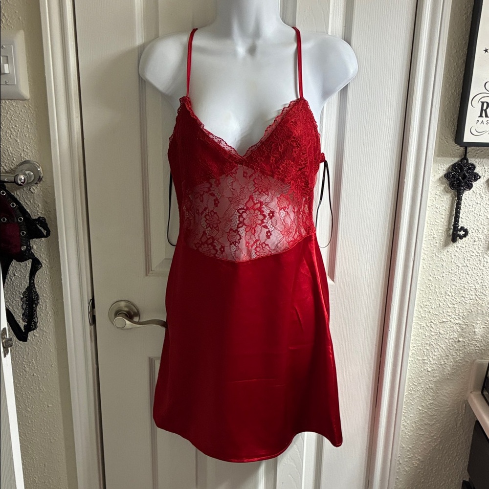 Forever 21 Red Lace & Satin Chemise with Sheer Bodice